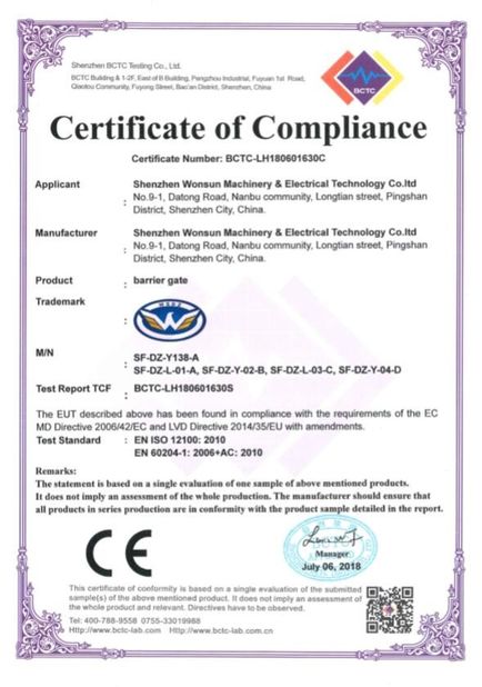 Chiny Shenzhen Wonsun Machinery &amp; Electrical Technology Co. Ltd Certyfikaty